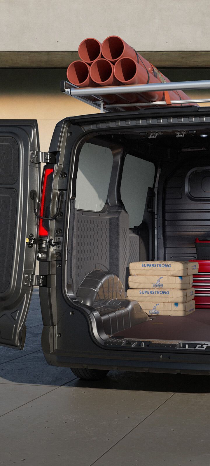 Nahaufnahme der montierten Roof-L-Track-Schiene im  Kia PV5 Cargo.